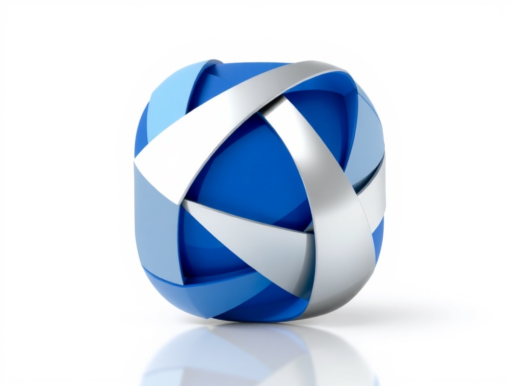Geometric abstract icon, intersecting polygons in deep blue and silver, reflective surface, 3D render, white background.